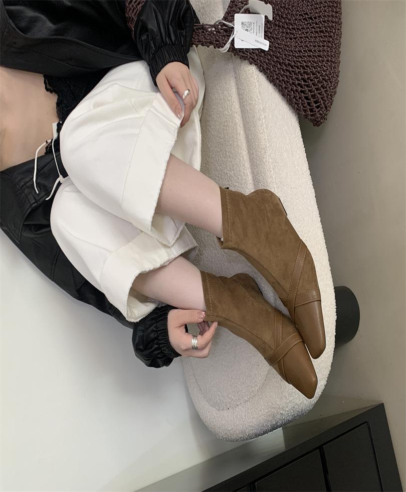 

Huge good-looking short boots women s fashion foreign style low-heeled small ankle boots square head elastic thin boots 39 светло-коричневого