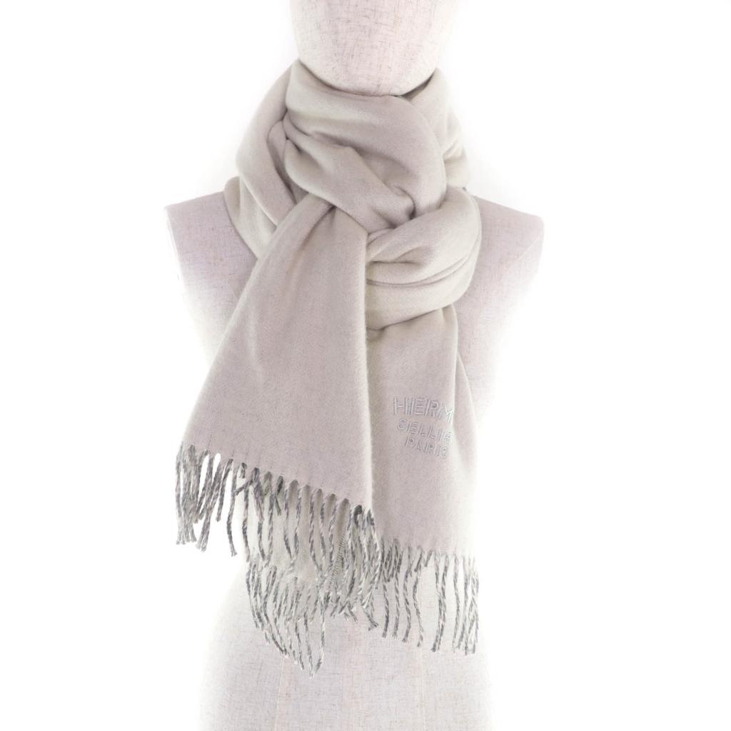 Excellent HERMES Scarf Large double-faced fringed with Serie embroidery cashmere Used