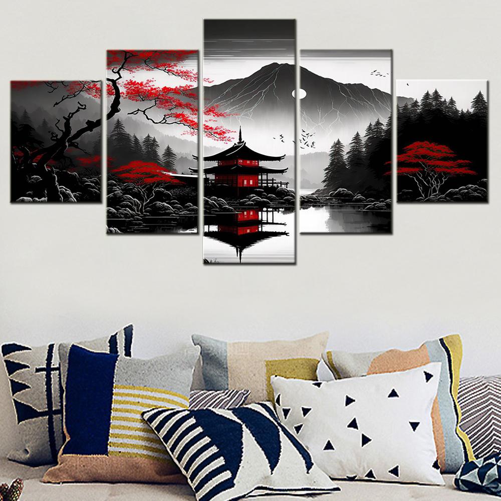 

5 Pieces Canvas Landscape Black Red Japanese Mountains Waters Home Decor Pictures Print For Living Room Wall Interior Artwork 20X35 20X45 20X55CM