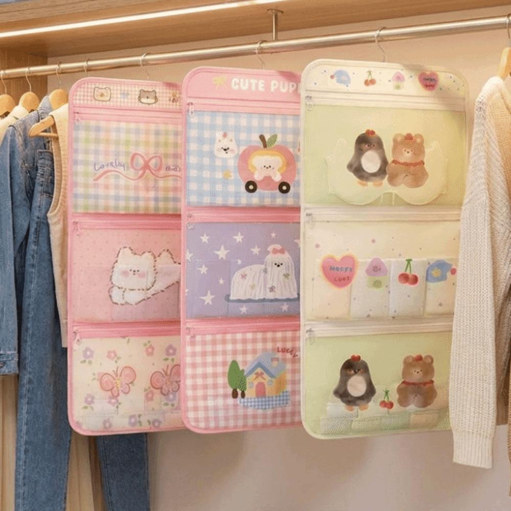 Cartoon Style 3-Layer Hanging Storage Bag Space Saving Mesh Pockets Underwear Storage Hanging Bag Breathable with Hanger