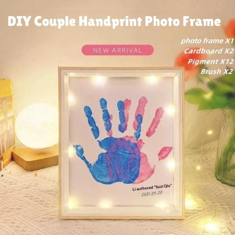 Diy Couple Hand Paint Shadow Box Frame Wooden Handprint Photo Frame 12-Color Paint Set Display Gifts