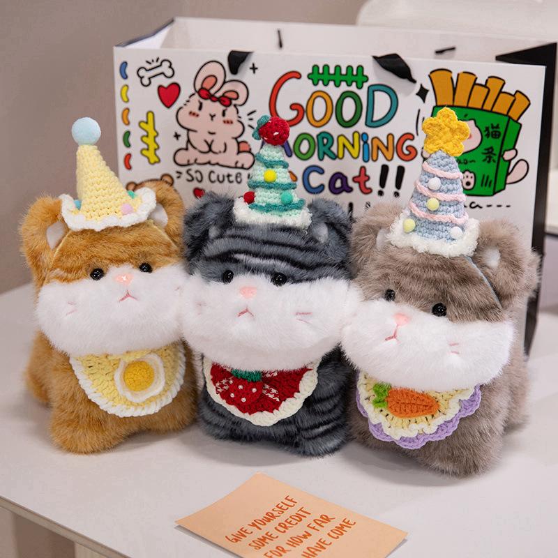 Cute Big Face Cat With Birthday Hat Fruit Cake Snack Bib Decor Kawaii Grey Orange Cats Kittens Plushie For Kids Birthday Gift