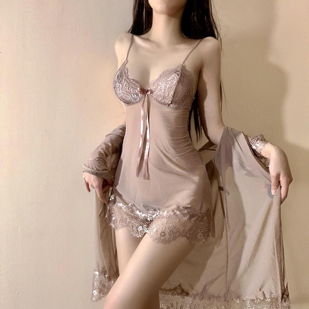 Seductive Lace Mesh Lingerie: Tempting Two-Piece Pajama Set with Suspender