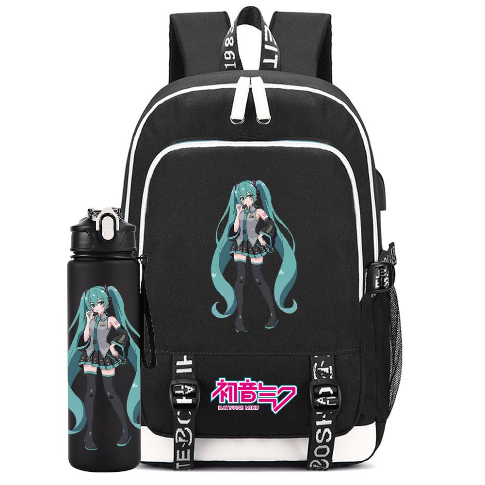2 ks/sada Anime Hatsune Miku Potisknutý Batoh Velkokapacitní Školní Taška s 750ml Láhví na Vodu na Notebook Student Chlapec Dívka Velkokapacitní Vodotěsná Školní Taška