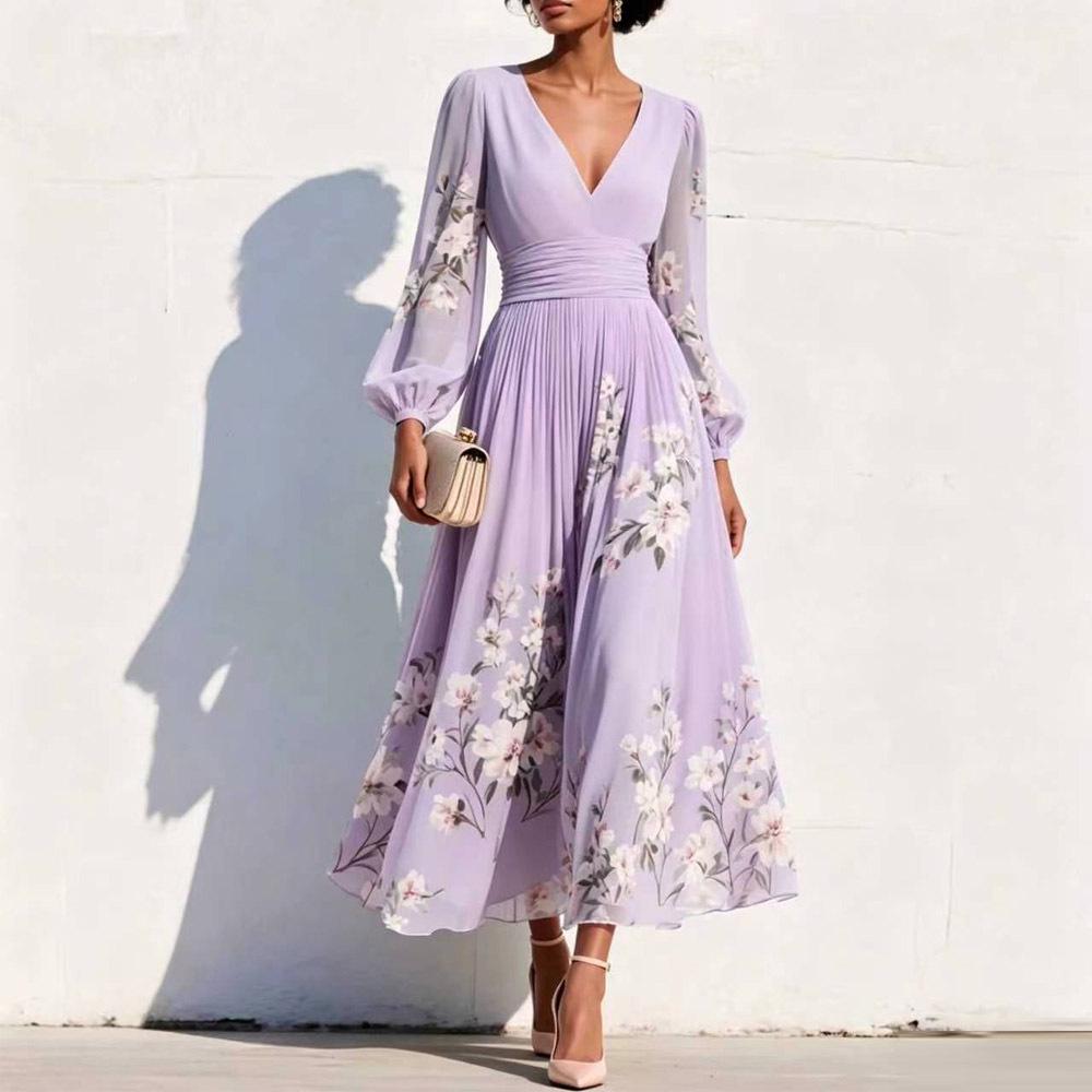 Women's V-Neck Floral Long Sleeve Pleated Dress 2026