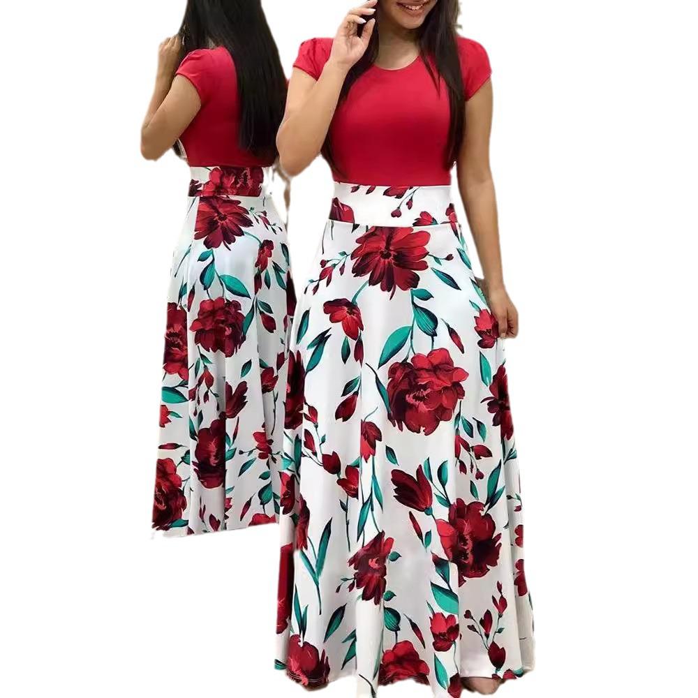 European & American Style Long Skirt with Digital Print, Color-Matched, Long/Short Sleeve Dress for Women