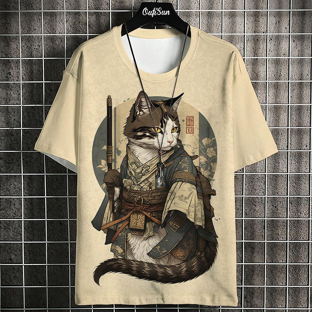 Samurai Katze T-Shirt Herren Sommer Mode Kurzarm T-Shirt Street Casual Sportbekleidung Herren Shirt