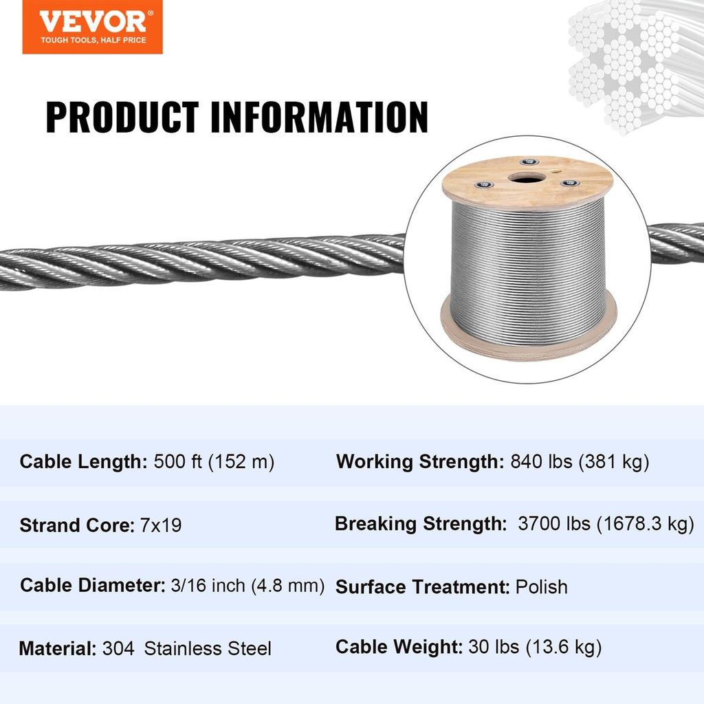 3/16 Inch 7x19 Stainless Steel Aircraft Cable Reel 500FT Stainless Steel Cable T304 Wire Rope Winch Cable Replacement (T304)