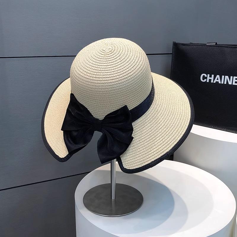 

Соломенная шляпа женская с бантом, с большими полями, солнцезащитная, летняя, для морского отдыха, подчеркивающая лицо, маленькая шляпка от солнца one size fits all бежевый