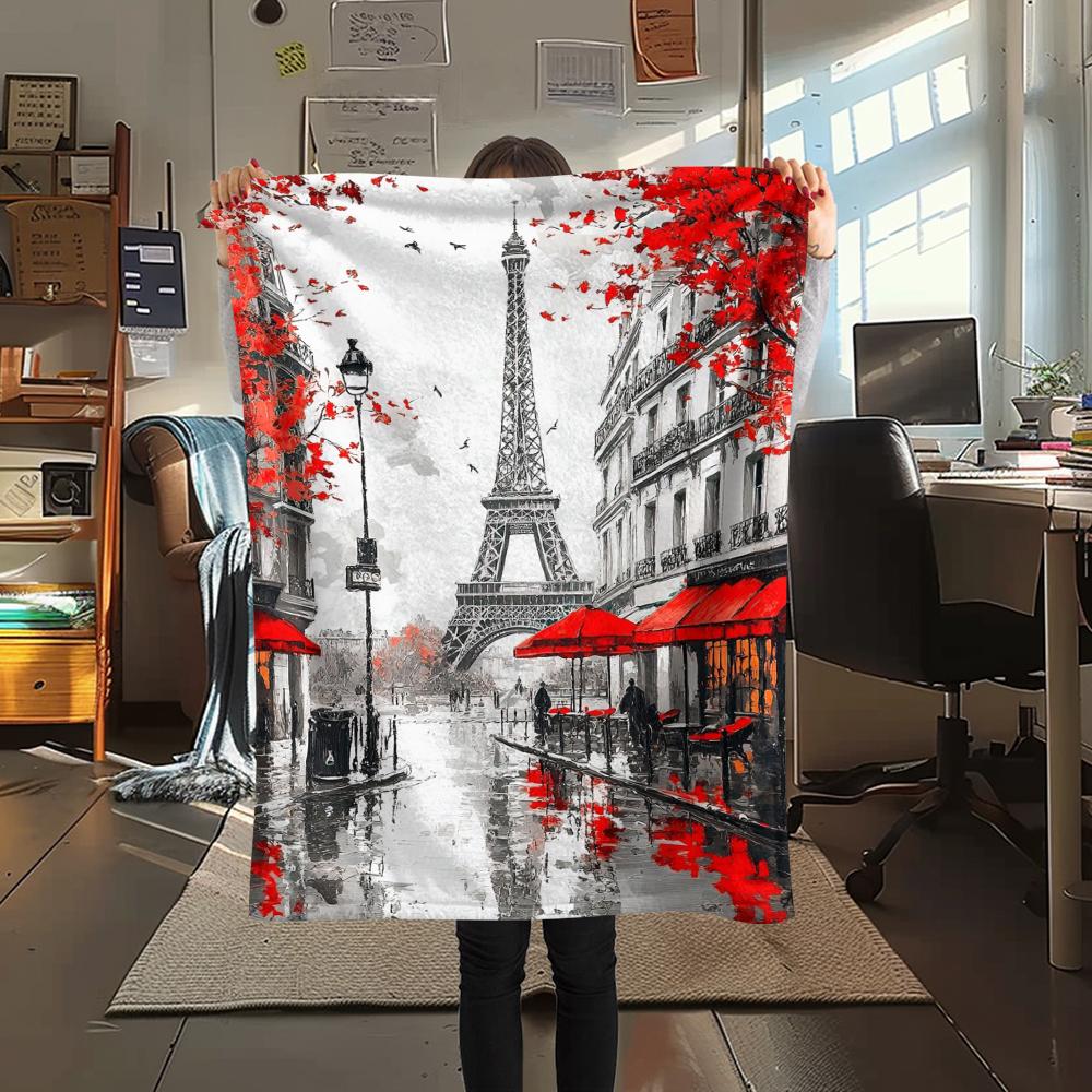 1Pc Eiffel Tower Art Print Flannel Blanket, High quality Comfortable for All Seasons, Home Decor, Warmth and Comfort, Perfect for Gifts