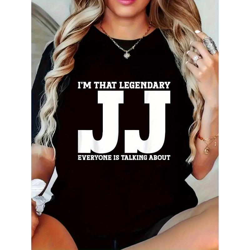 

Plus Size - Women S I m That Legendary JJ Bold JJ Text & Geometric Print Y2K Graphic T-Shirt - Breathable Crew Neck Casual Tee, Sizes S-XXL, S чёрный