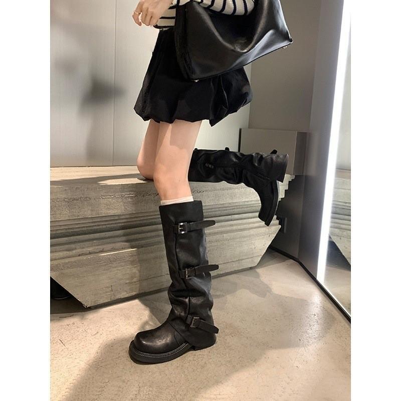 

Long boots women s new retro pleated stacking boots belt buckle thick heel medium tube pants tube boots tall knight boots 40