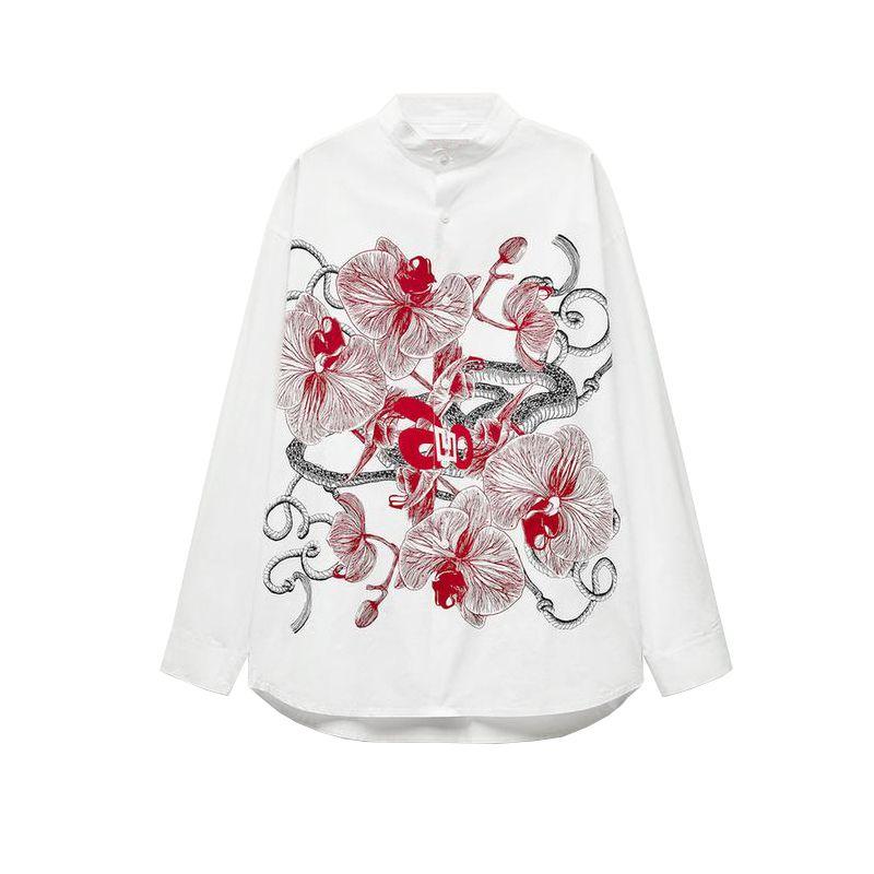 

25 Spring New Men s Wear French Style Vintage Single-Breasted Zhongshan Collar Long Sleeves Print Shirt 7380952 White L