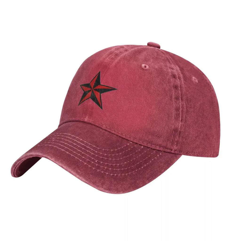 Nautical Star Washed Baseball Cap Red Desgin Vintage Trucker Hat Spring Unisex-Teens Hippie Logo Snapback Cap