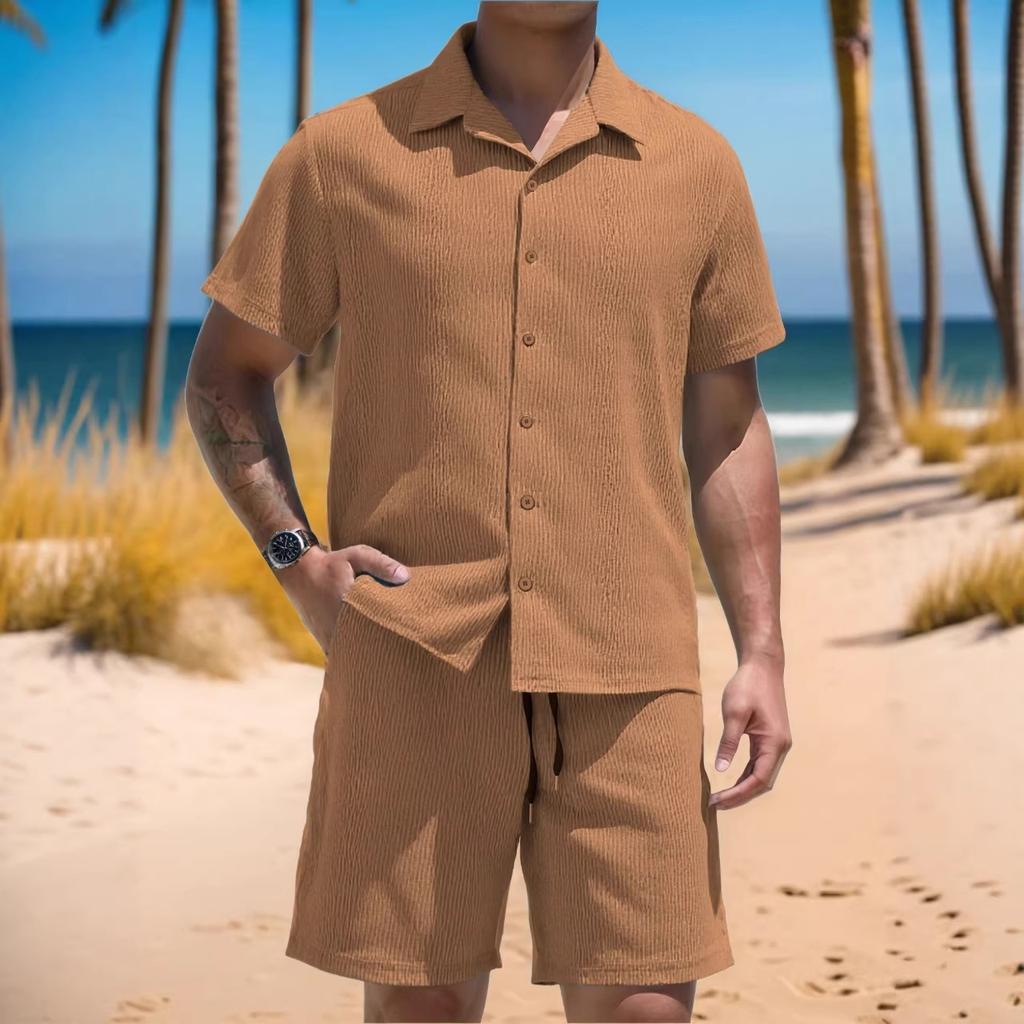 Men’s Shirt, Casual Loose-fit Short-sleeved Top and Shorts Beach Set