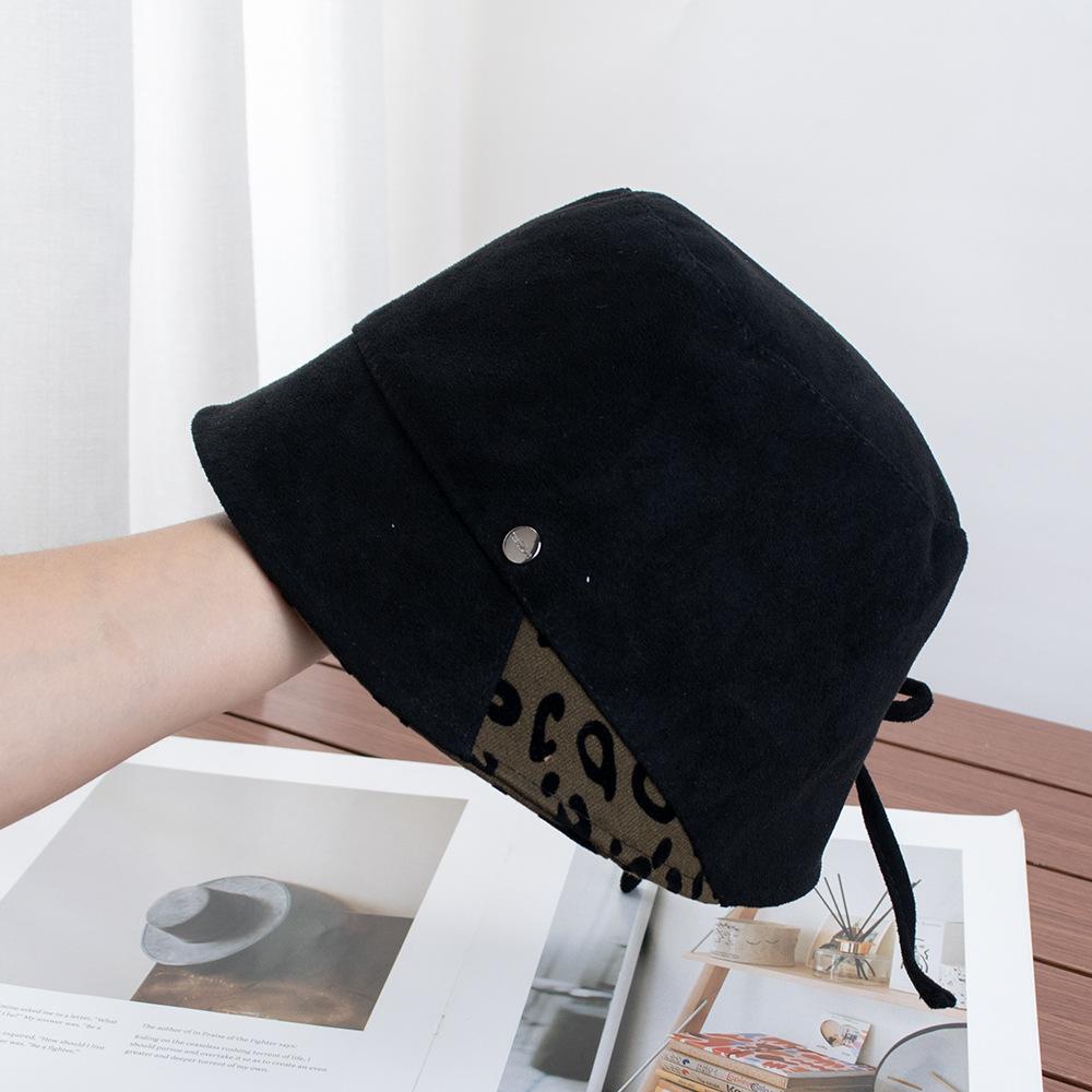 Retro leopard print suede splicing bucket hat women's autumn versatile face small hat fashion casual basin hat