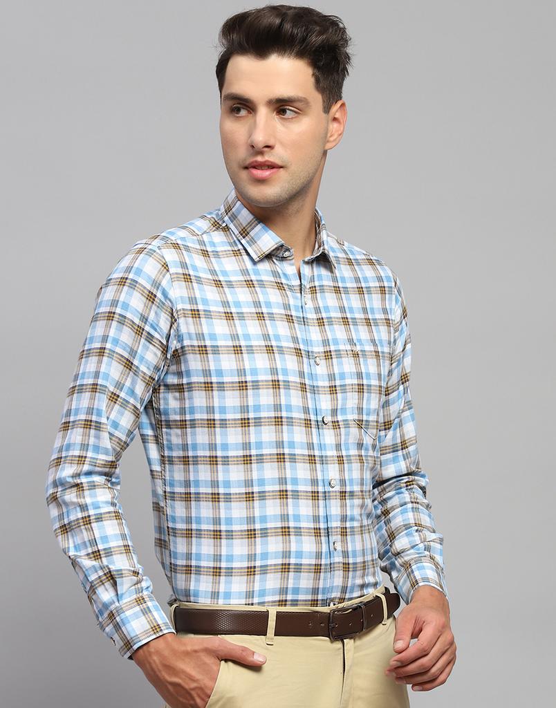 Monte Carlo Mens Blue Checkered Spread Collar Full Sleeve Casual Shirt