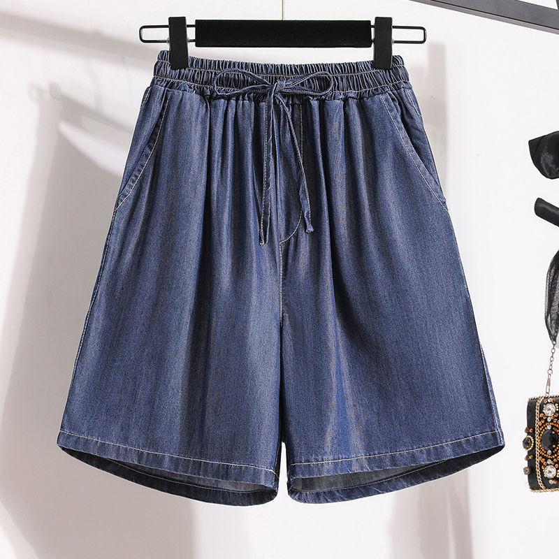 Tencel Denim Shorts Women's Summer New Thin Ice Silk Casual Cropped Loose Wide Leg High Waist A- line Hot Pants Large Size
