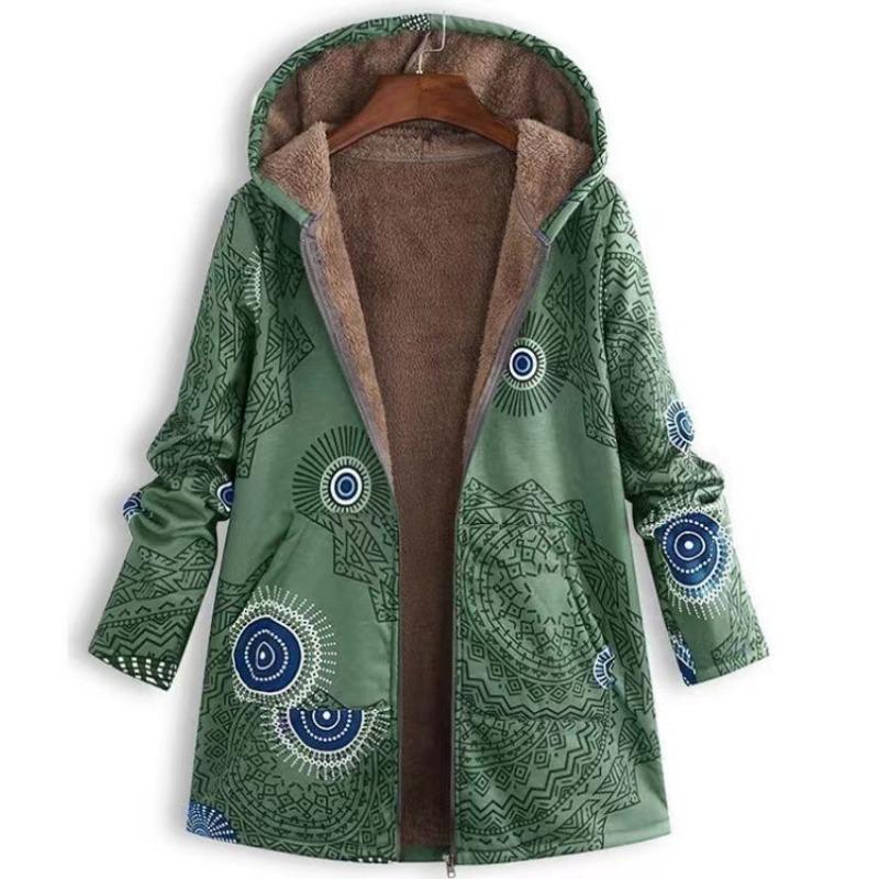 Women Casual Outwear Winter Warm Retro Printed Pockets Zipper Hooded Thicker Coat Plus Size