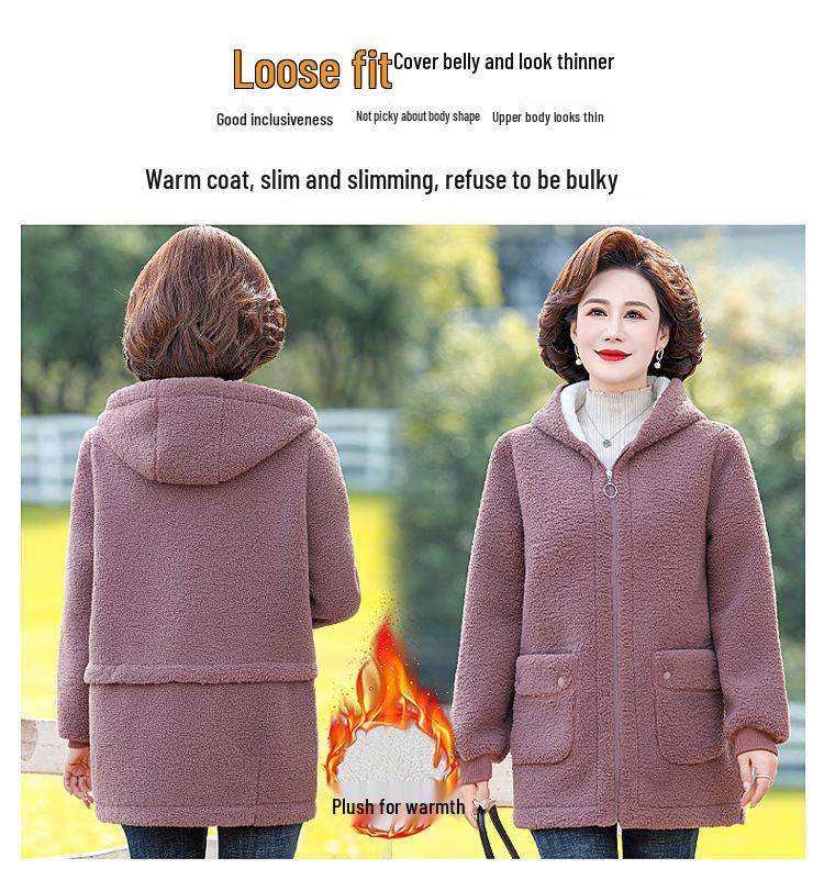 Mom's Elegant Winter Hooded Lambswool Coat with Fleece Lining - Thickened, Fashionable, for Middle-Aged and Elderly Women