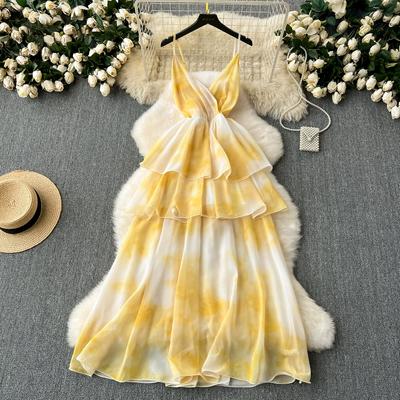 Sommer Frauen V-Ausschnitt Spaghetti Strap Print Strand Urlaub lange Maxi Kuchen Kleider