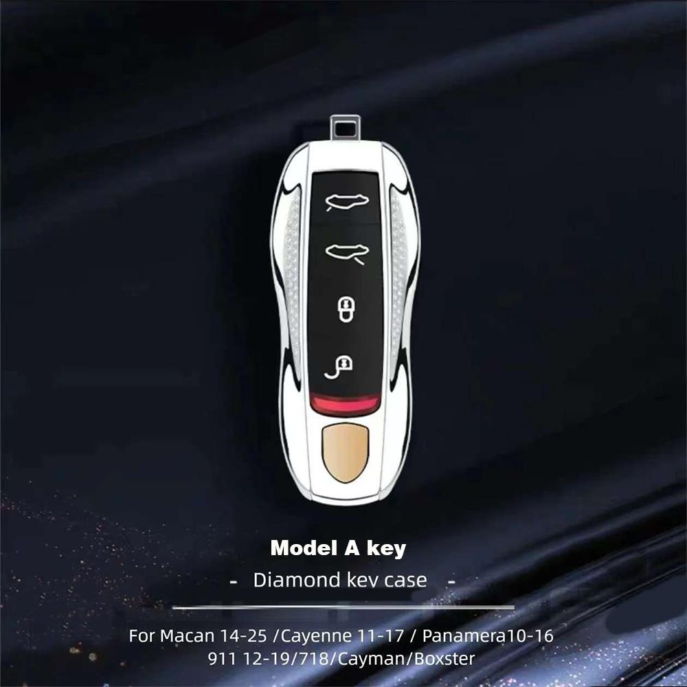 Diamond Metal Material Key Case For Porsche Cayenne Panamera Macan Cayman 718 911 Taycan Gloss Chrome Key Shell Car Key Case