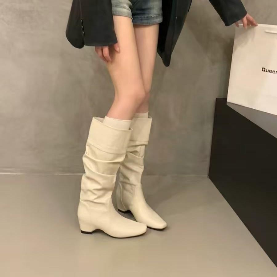 Retro square head boots women's new autumn and winter versatile pleated stacking boots small sleeve fashion boots