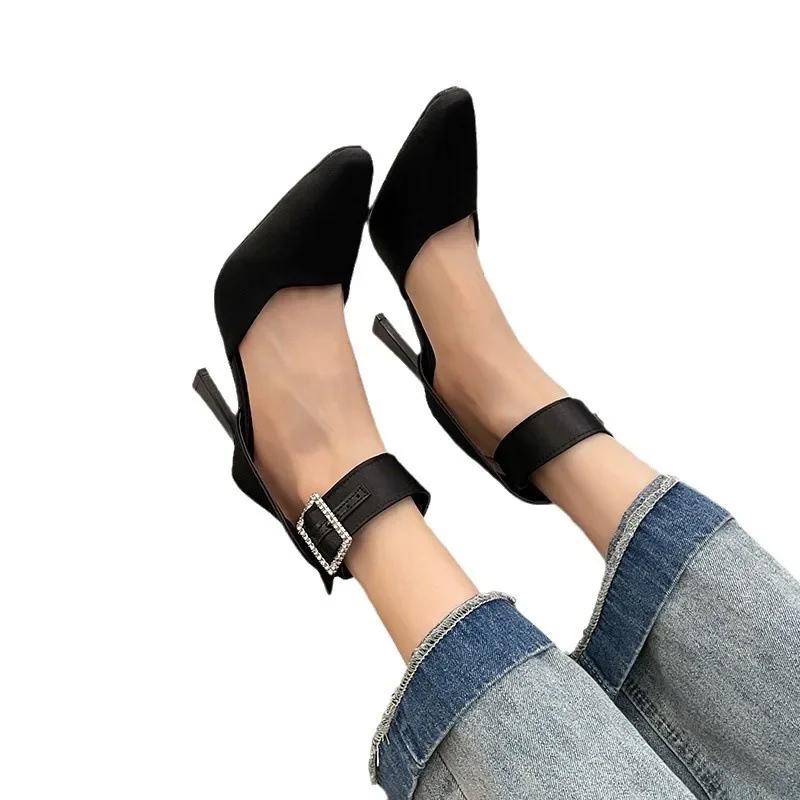 High Heels Sandals Women's Cross Silk Ribbon with Square Buckle Pointed Hollow Thin Heels Simple High Heels Women Shoes