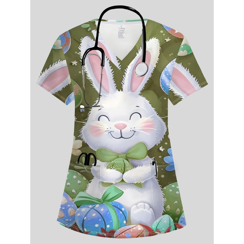 Clinical Uniform Woman Vet Easter Themed Print Top Summer Elegant V-Neck Short Sleeve with Pockets Dentist Scrubs Uniform Woman