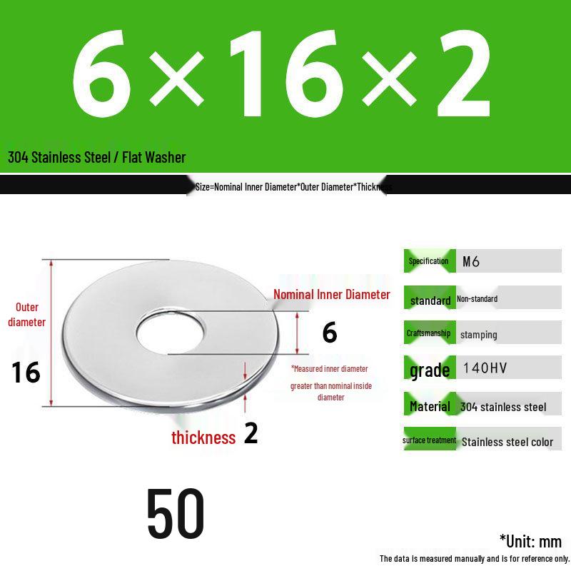 304 Stainless Steel Thickened Flat Washer Set, Sizes 2-36