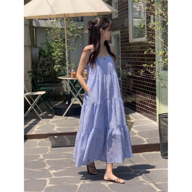 

Summer Resort-style Women s Loose Strappy Striped Dress One Size