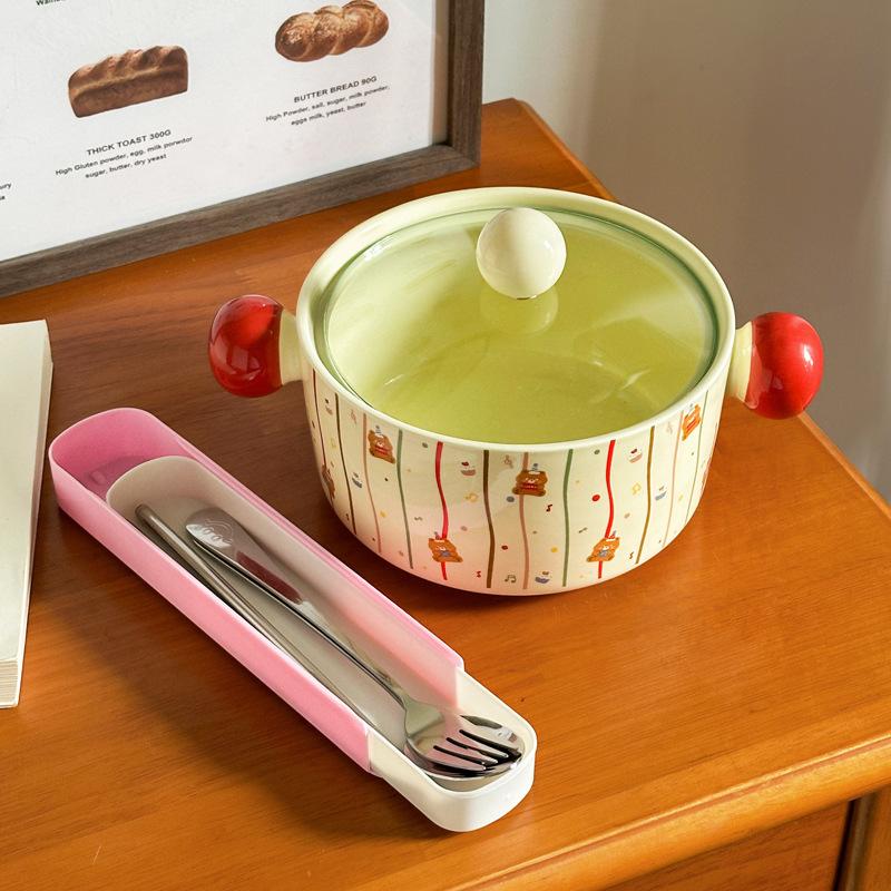 ins cartoon polka dot instant noodle bowl with lid student dormitory snail powder bowl binaural ceramic soup bowl high-value tableware