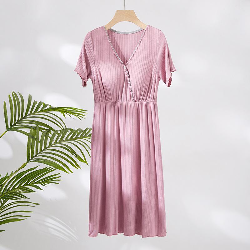 V-Neck Nursing Dress with Insertable Cups for Breastfeeding - Fashionable Postpartum Pajamas