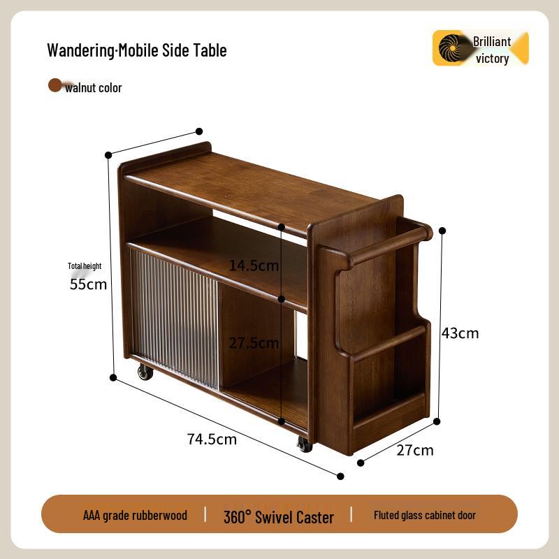 Solid Wood Retro Trolley: Movable Side Table & Snack Cart