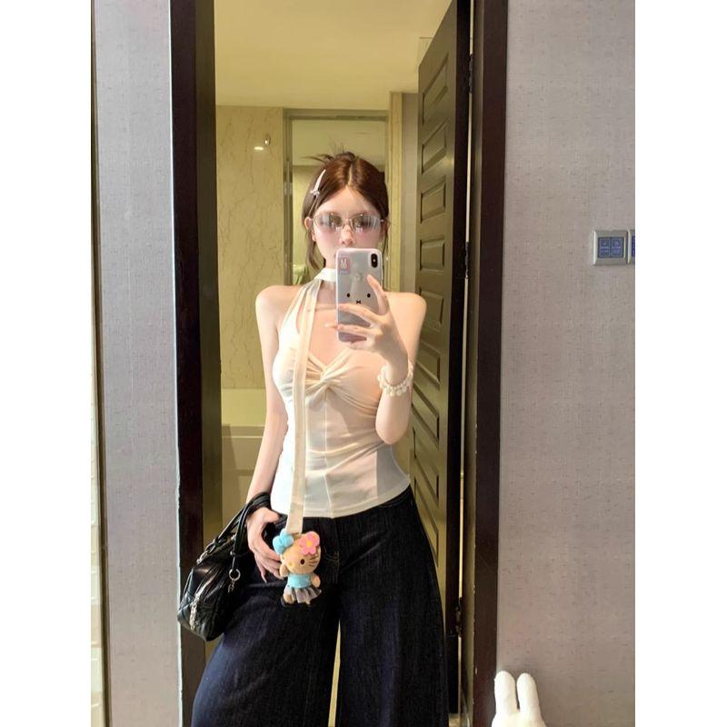 Kumikumi Design Sense Apricot Twisted Ribbon Halter Top Women Summer Chic Age-Reducing Slim fit Slimming Top