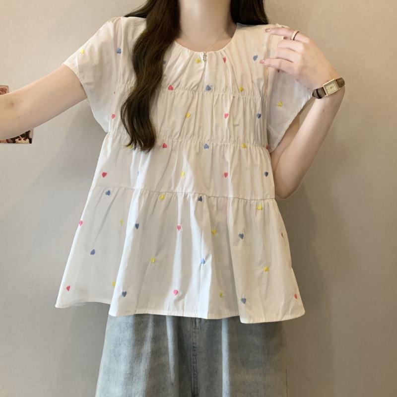 Fold Design Women's Short Sleeved T-shirt Colorful Heart Print Round Neck Tees Korean Sweet Ladies Clothing