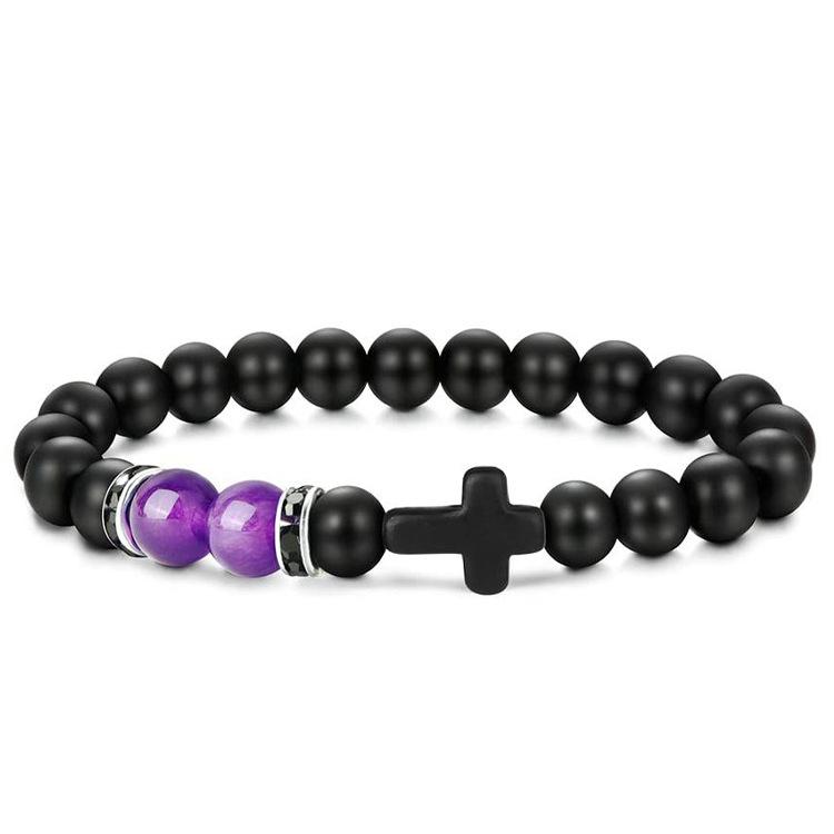 New Retro Cross Natural Stone Bracelet Tiger Eye Stone Lava Volcanic Stone Elastic Bead Men's Bracelet