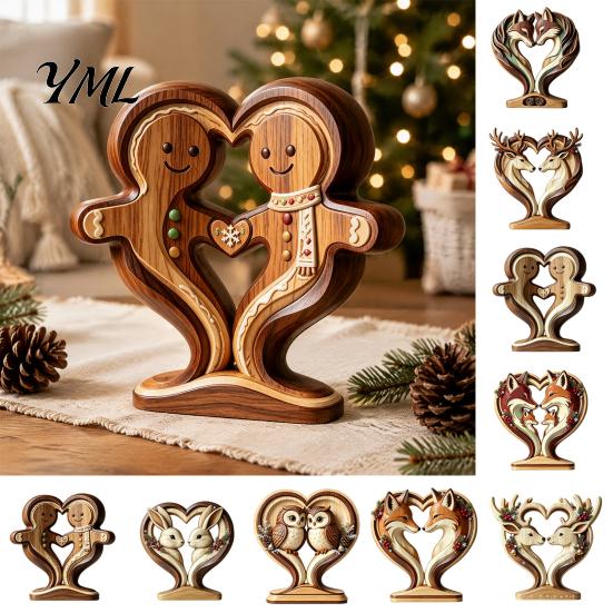 Creative Animal Love Silhouette Wooden Ornament with Stable Base, Double Layer Carved Figurine, Solid Wood Holiday Table Decor Heart Shape Sculpture