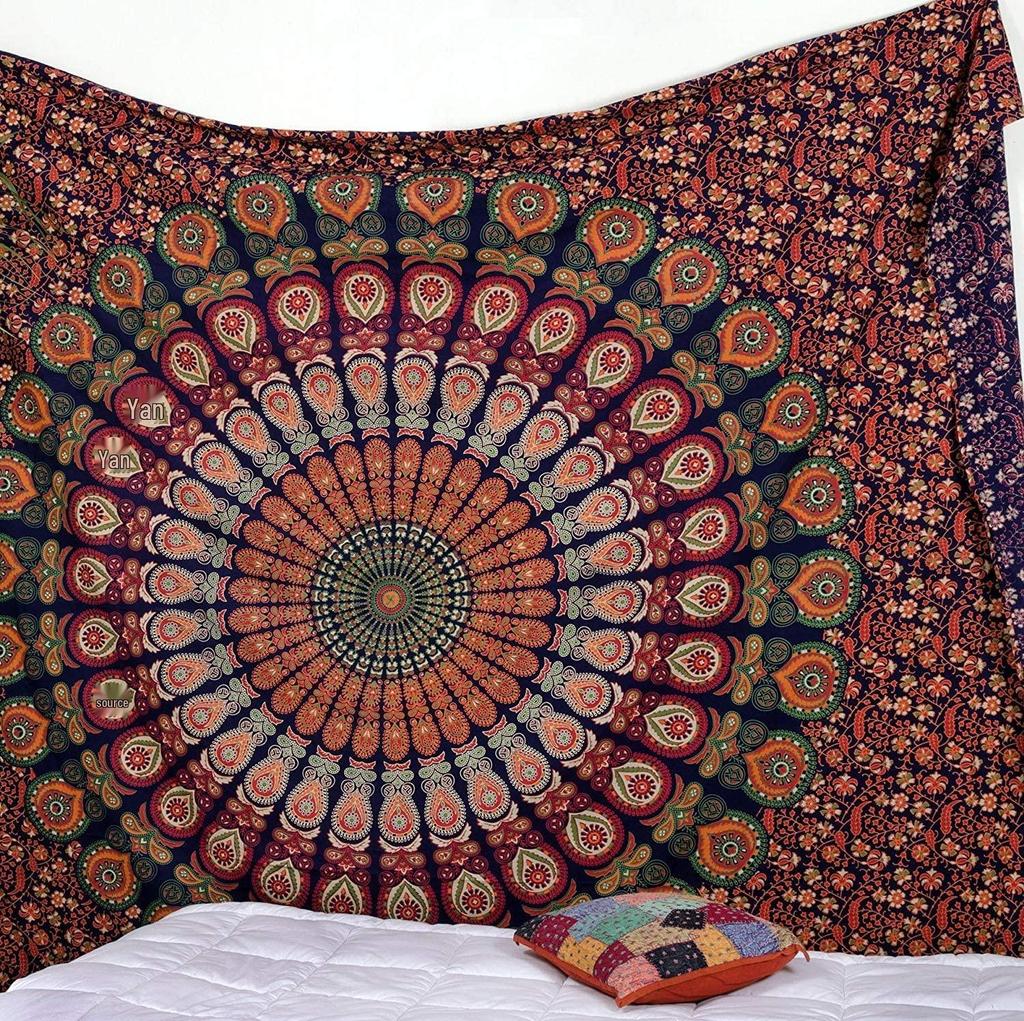 Golden Indian Bohemian Peacock Mandala Tapestry Wall Hanging