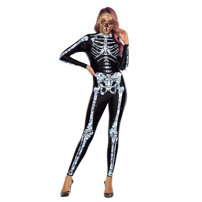 Iootiany Halloween Horror Skull 3d Printed Bodysuit Day Of The Dead Role Playing Costume Skeleton Stretch Tights Adult Bodysuit