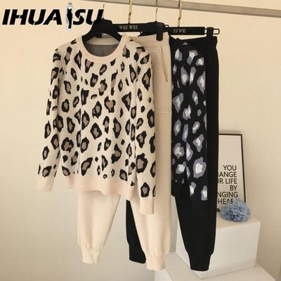 Autumn Collection Instagram Personalized Leopard Print Pullover Long-sleeved Knitted Sweater + Simple Skinny Pants Set