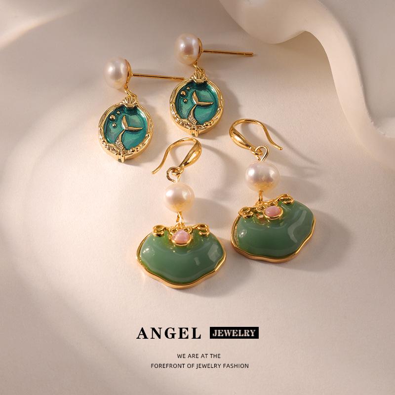 Elegant French Retro Mermaid Drip Oil Earrings: Non-Fading, Double-Sided, Color Block Dangling Jewelry for Women