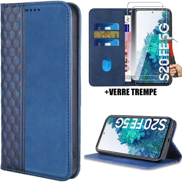 Coque + 2 Verres Trempés pour Samsung Galaxy S20 FE, Protection Cuir Synthétique Bleu Marine Fermeture Magnétique (pas pour S20)