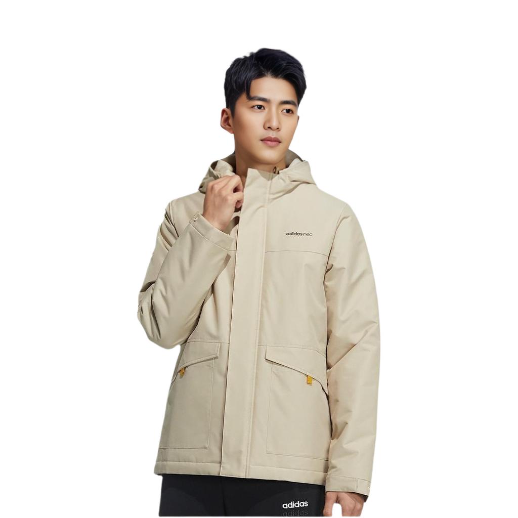 Adidas Neo Printed Logo Zip-Up Hooded Cotton Jacket Men Jackets Beige GP4854