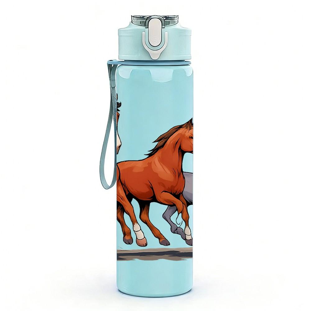 1PC Two Running Horse Print 750ml Color Plastic Sports Water Bottle Leakproof Flip Straw Lid Suitable for Sports Office Home Use