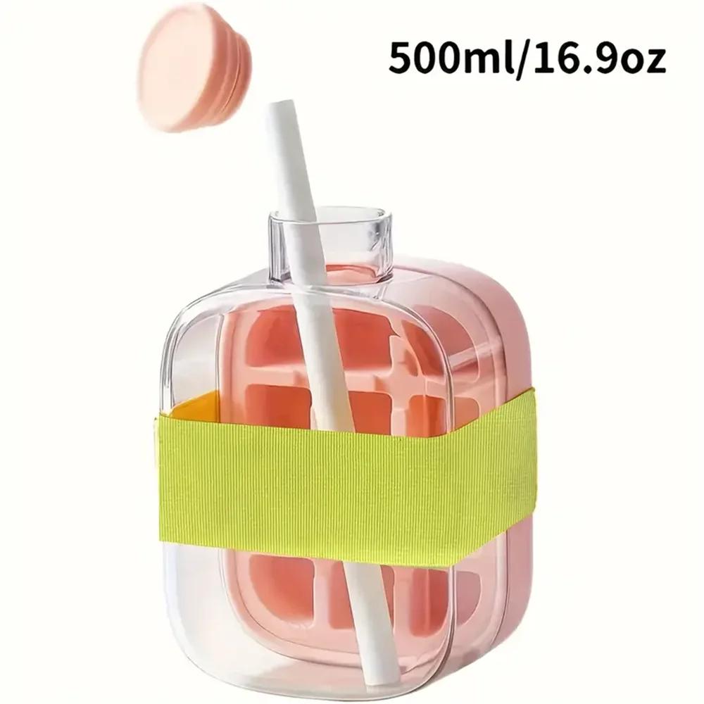 2 in 1 Ice Cube Bottle, Press Ice Cube Mold Water Bottle with Lid and Bin, Ice Bottle Cup, Easy Press To Release Ice Cube Tray