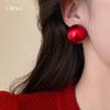 Retro red round pearl stud earrings simple versatile earrings European and American exaggerated earrings women