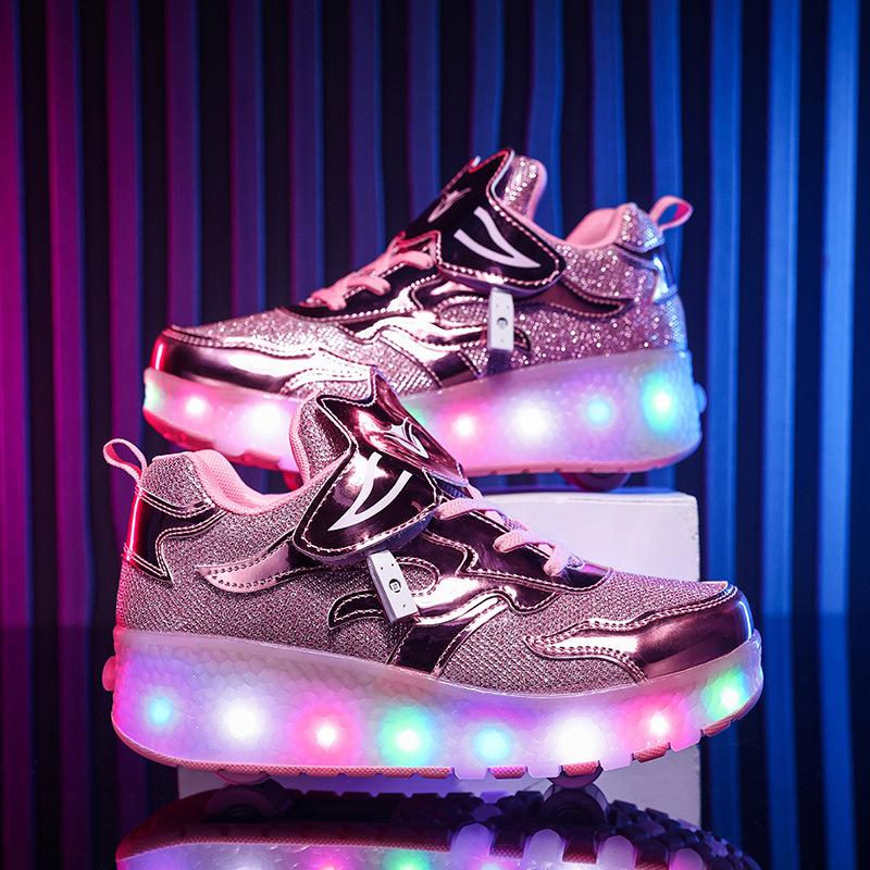 New Skates Children's Pulley Shoes Button Sneakers USB Charging Light Shoes Boys Luminous Shoes