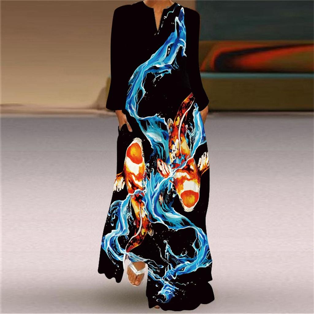 Fashion Women's Casual Summer Loose Printed Round Neck Long Sleeve Dress