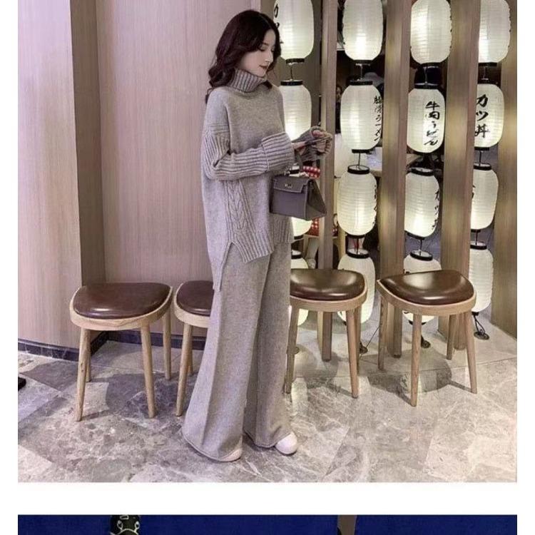 Podzim Zima Volný Ležérní Svetr Kalhoty se Širokými Nohavicemi Dvoudílný Set Ženy Líný Styl Hong Kongská Móda